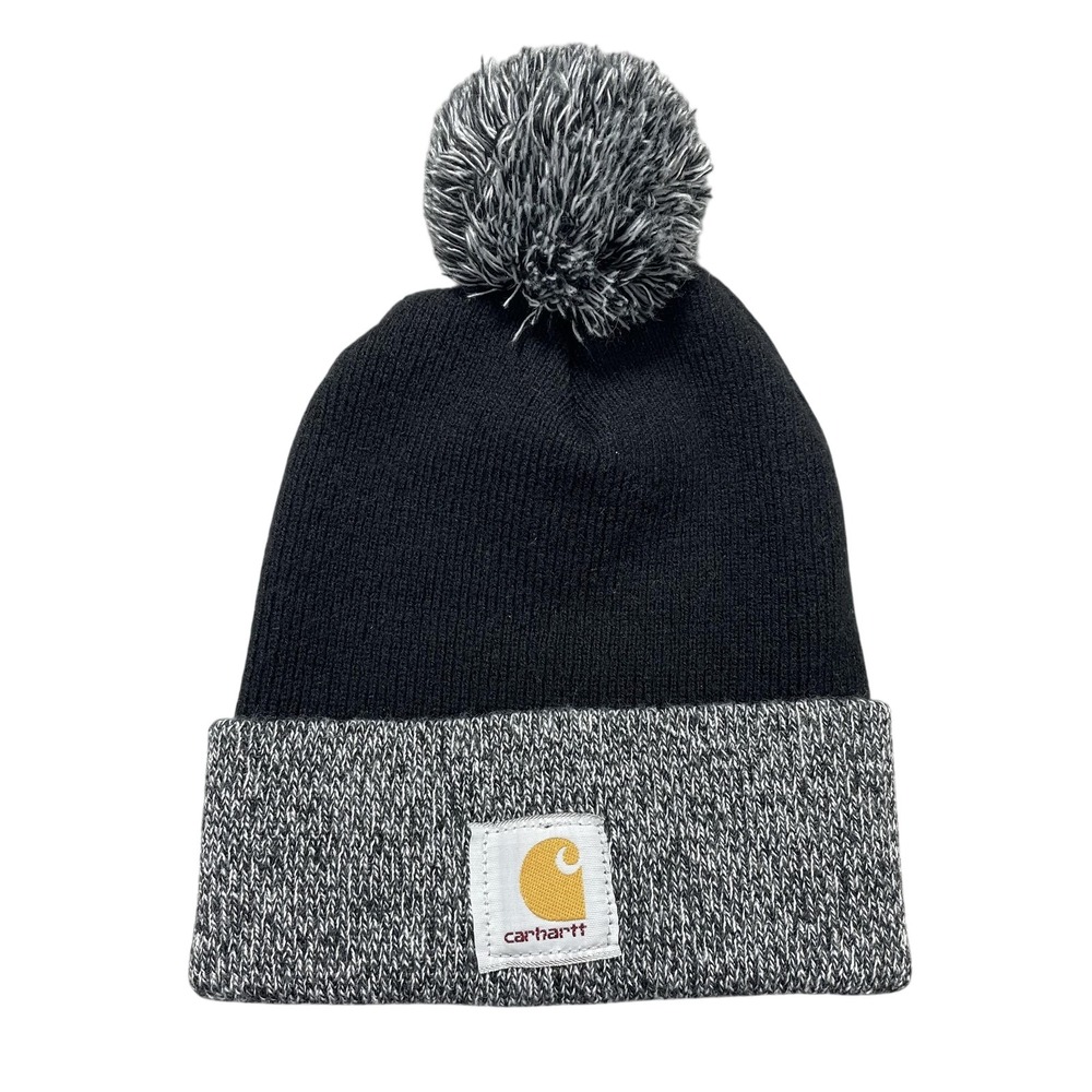 Carhartt Hat Beanie One Size Mens Black Gray Pom Knit Made‎ USA Winter Outdoor